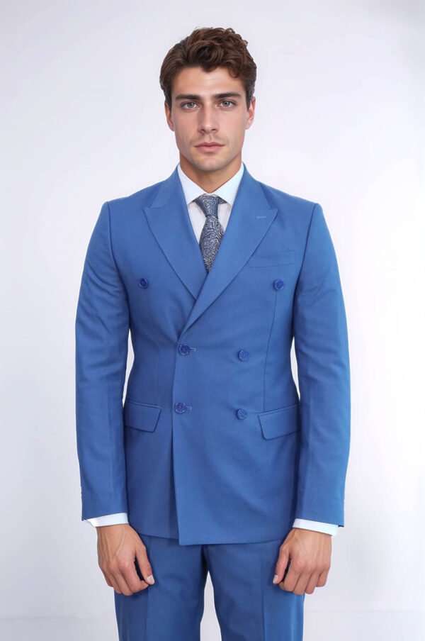 Wide Peak Lapel Striped Slim Fit Blue Men Double-Breasted Suit