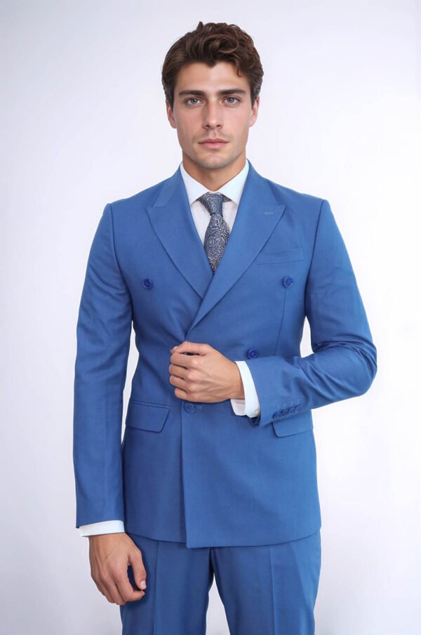 Wide Peak Lapel Striped Slim Fit Blue Men Double-Breasted Suit