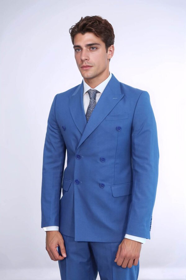 Wide Peak Lapel Striped Slim Fit Blue Men Double-Breasted Suit