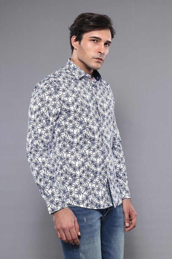 Blue Floral Patterned Long Sleeve White Men Shirt