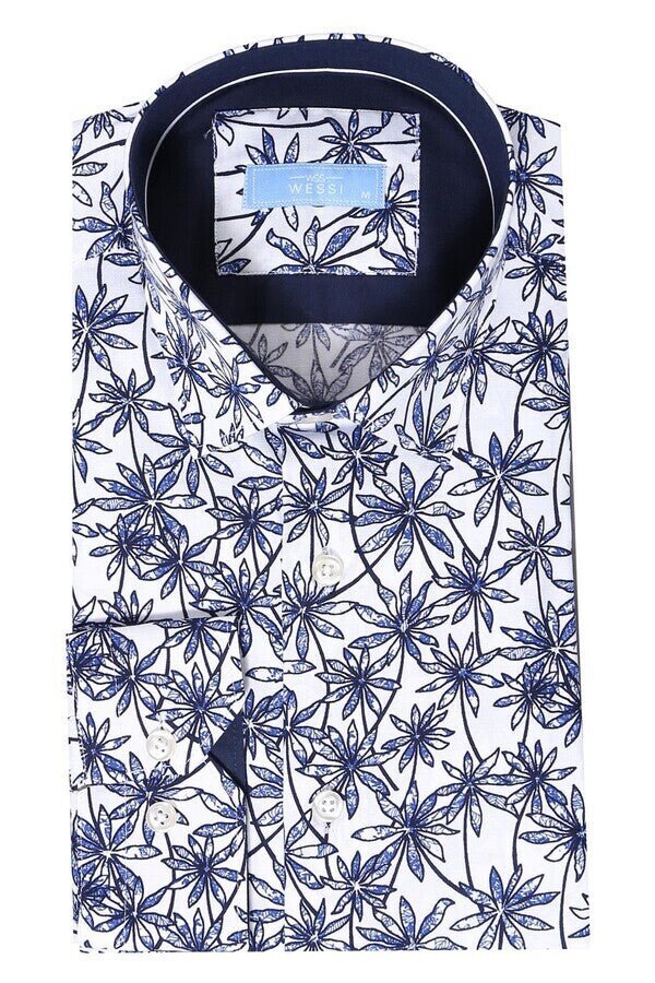 Blue Floral Patterned Long Sleeve White Men Shirt