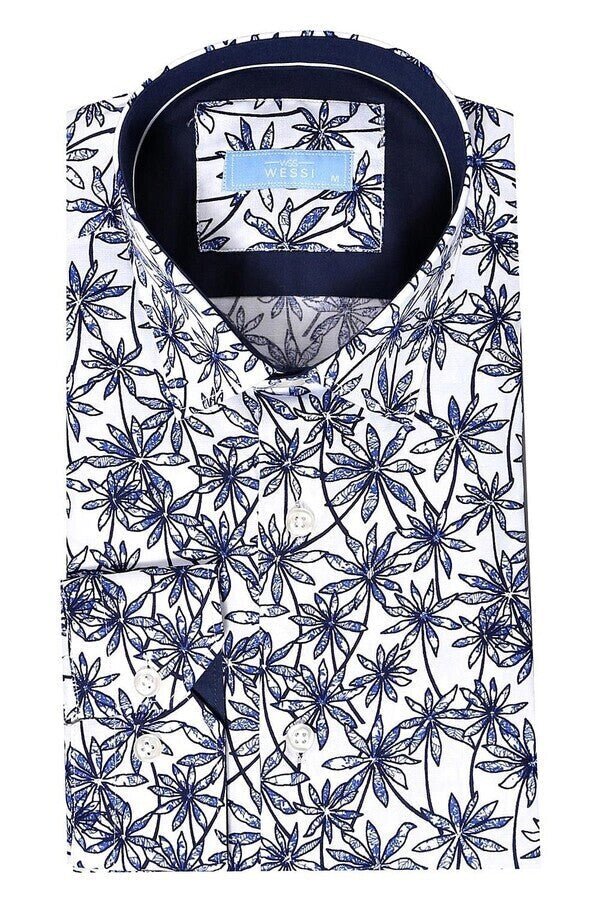 Blue Floral Patterned Long Sleeve White Men Shirt