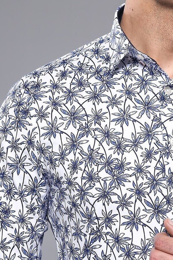 Blue Floral Patterned Long Sleeve White Men Shirt