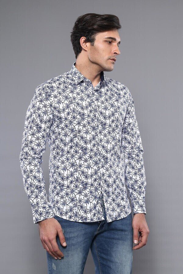 Blue Floral Patterned Long Sleeve White Men Shirt