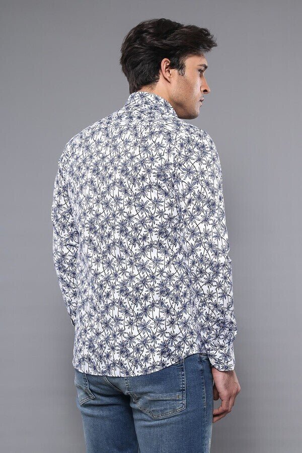 Blue Floral Patterned Long Sleeve White Men Shirt