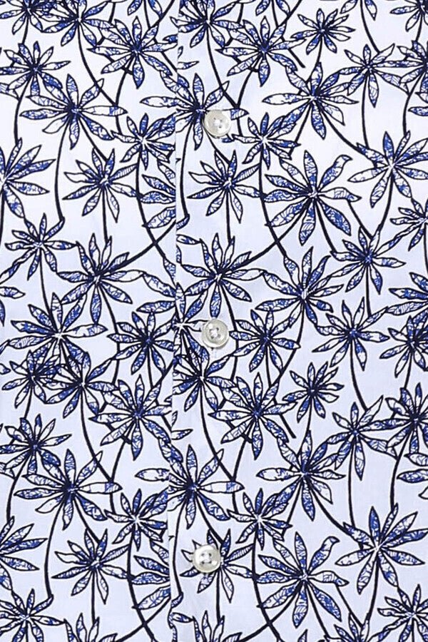 Blue Floral Patterned Long Sleeve White Men Shirt