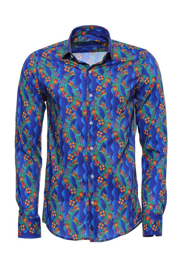 Floral Slim Fit Long Sleeve Indigo Men Shirt