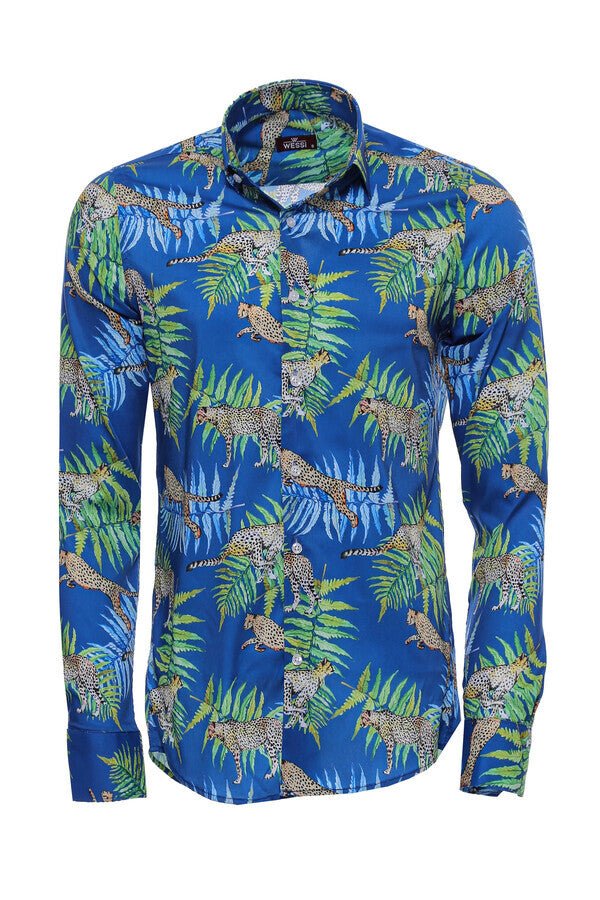 Tiger And Leaf Patterned Long Sleeves Slim Fit Blue Men Shirt