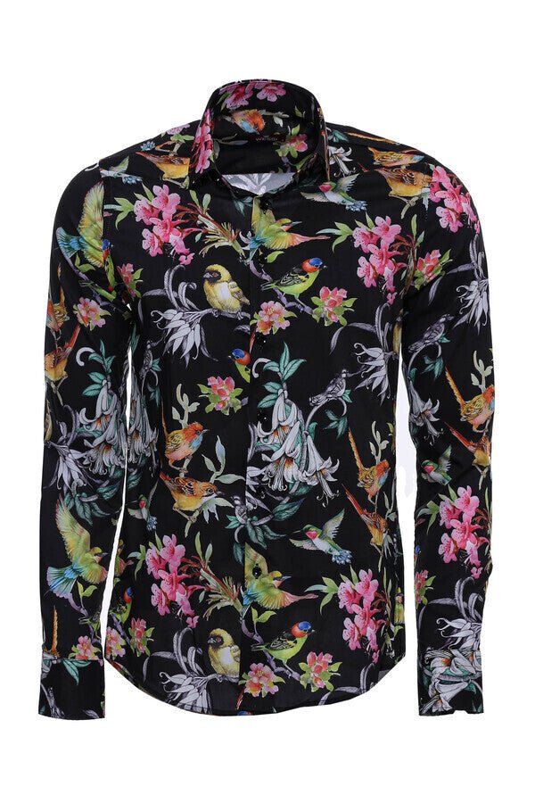 Birds And Flowers Patterned Slim Fit Long Sleeves Black Men Shirt