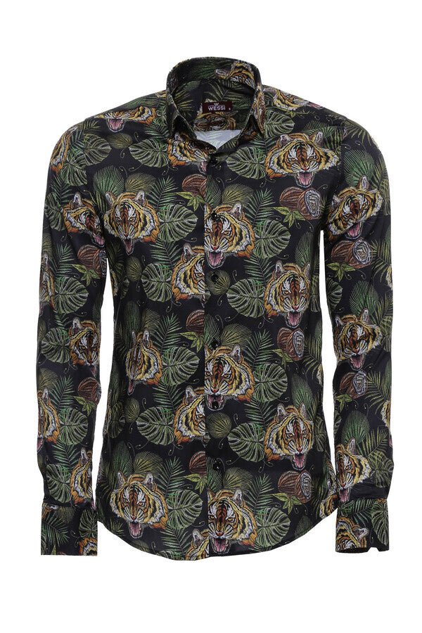 Tiger Patterned Slim Fit Long Sleeves Black Men Shirt