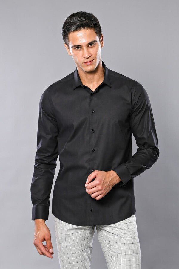 Plain Slim Fit Black Men Shirt