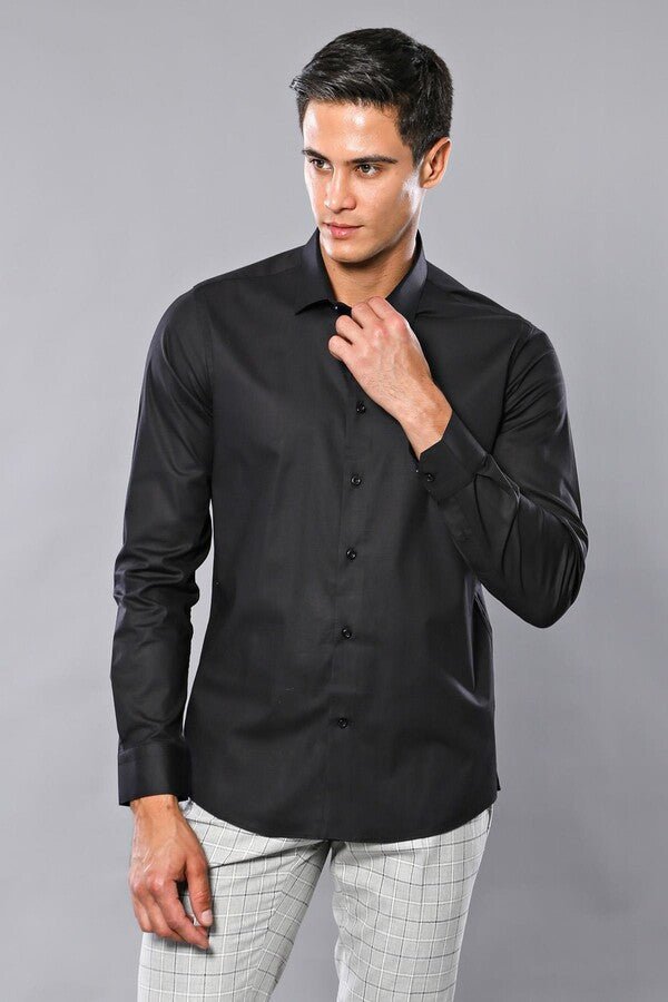 Plain Slim Fit Black Men Shirt