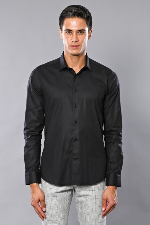 Plain Slim Fit Black Men Shirt