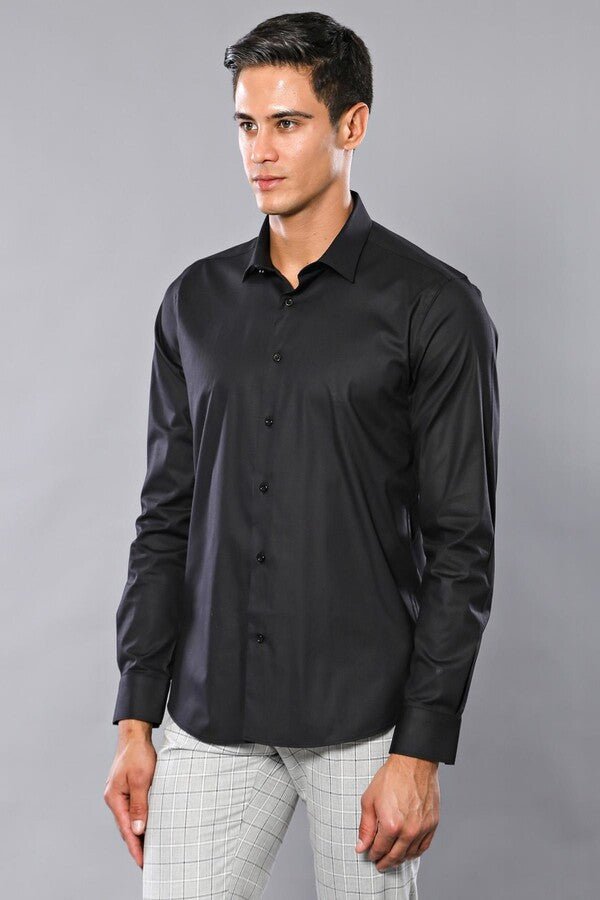 Plain Slim Fit Black Men Shirt