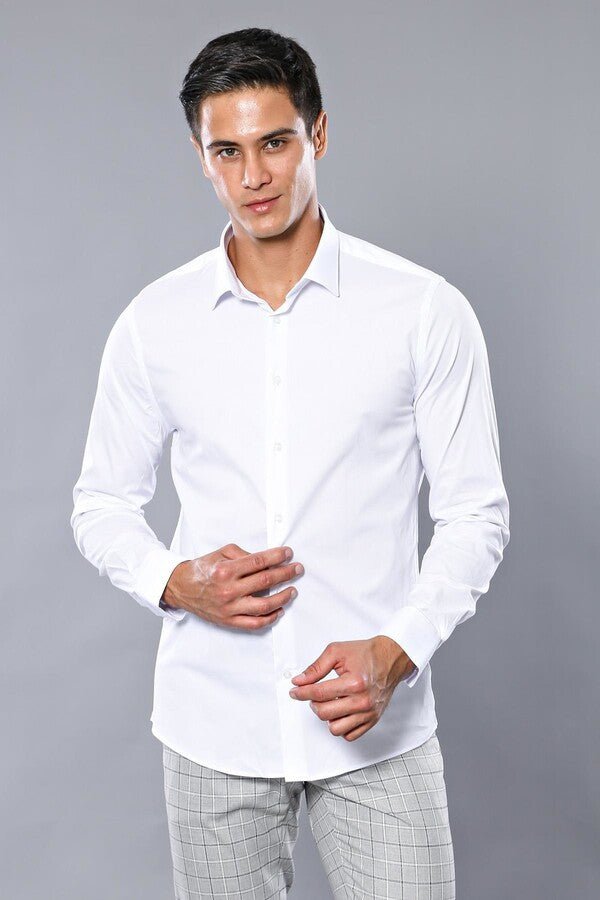 Stretch Cotton White Men Dress Shirt