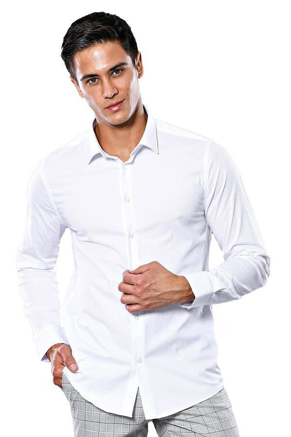 Stretch Cotton White Men Dress Shirt