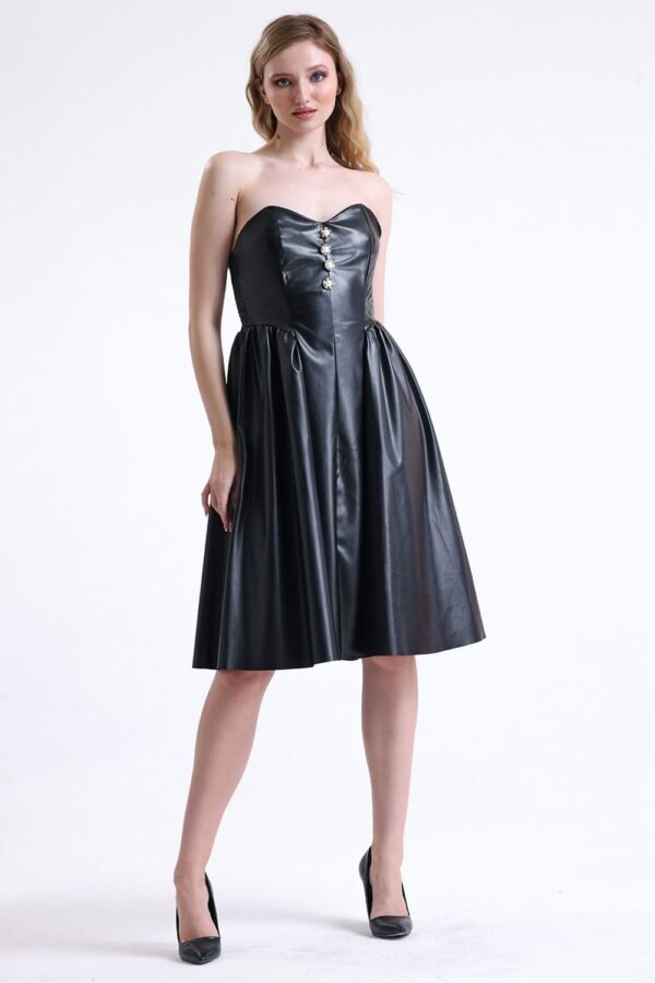 Binye Black Faux Leather Strapless Dress