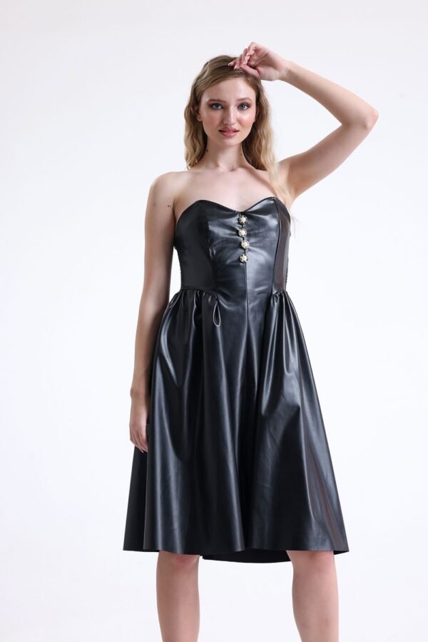Binye Black Faux Leather Strapless Dress