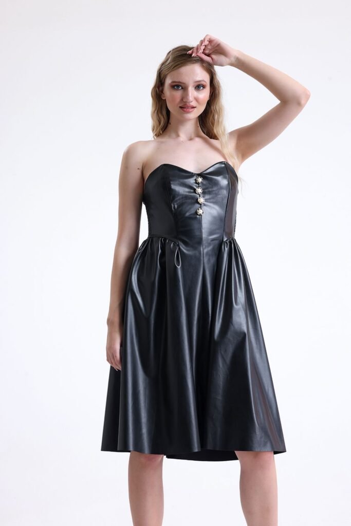 Binye Black Faux Leather Strapless Dress