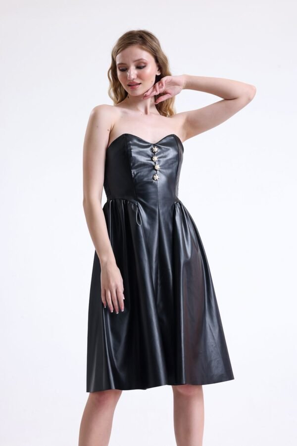 Binye Black Faux Leather Strapless Dress