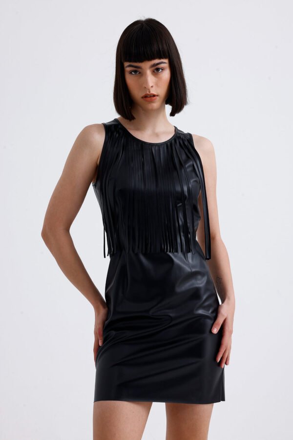 Binye Black Metal Buttoned Tassel Detailed Faux Leather Mini Dress - Pantin