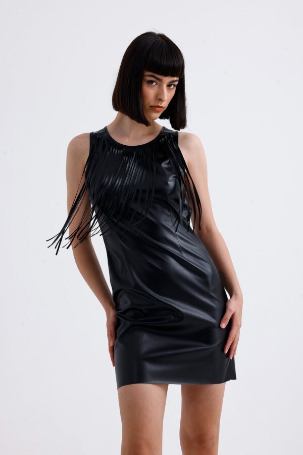 Binye Black Metal Buttoned Tassel Detailed Faux Leather Mini Dress - Pantin