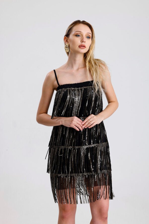 Black-Gold Embroidered Tulle Dress with Sequin Detail