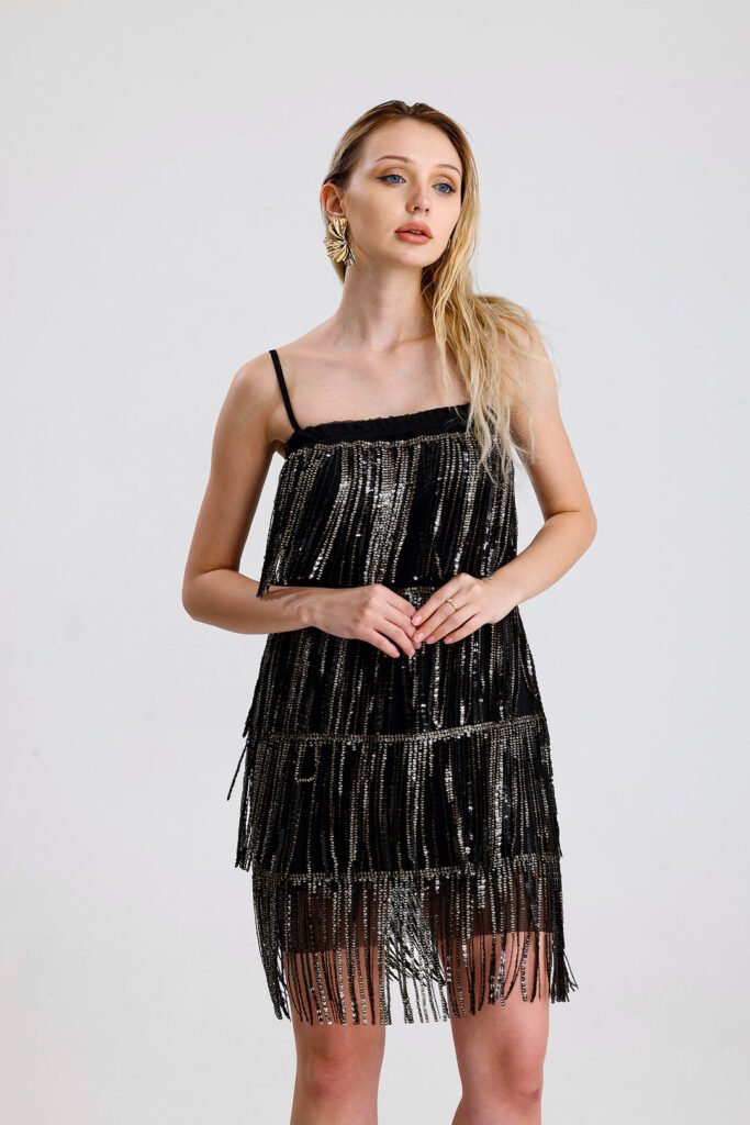 Black-Gold Embroidered Tulle Dress with Sequin Detail