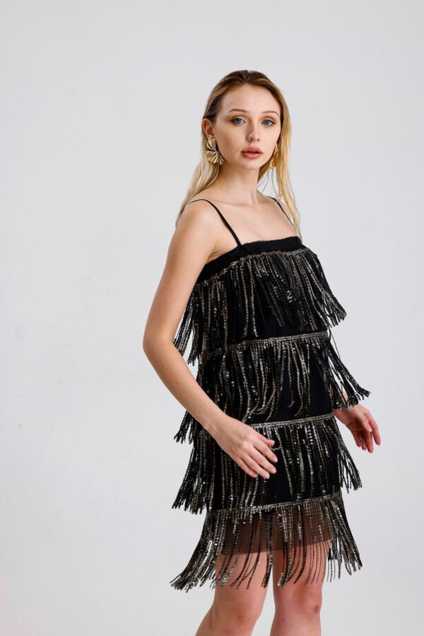 Black-Gold Embroidered Tulle Dress with Sequin Detail