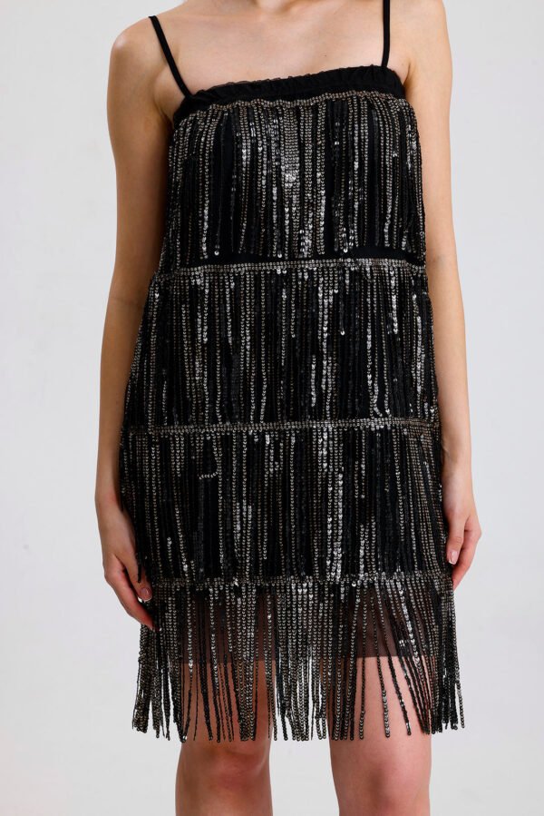 Black-Gold Embroidered Tulle Dress with Sequin Detail