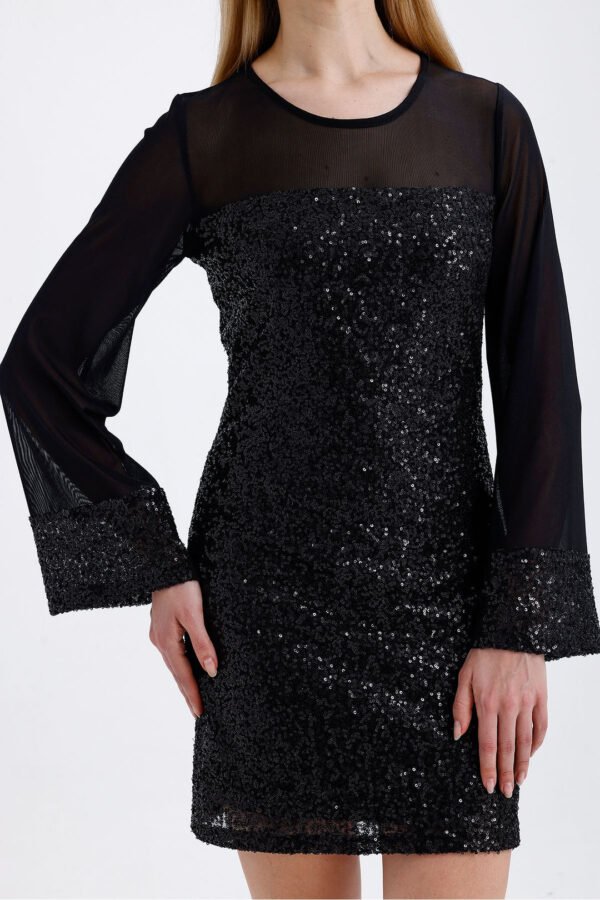 Black Lined Top with Sequin Dress and Sleeves with Lycra Tulle Trim