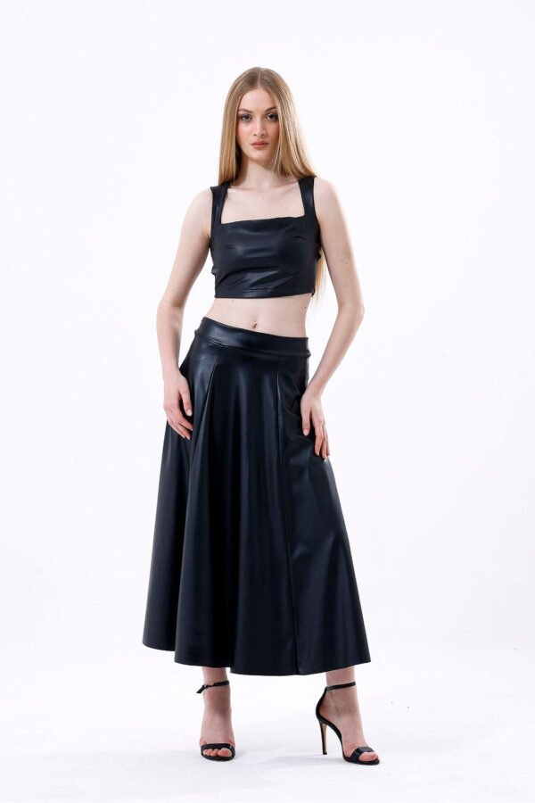 Black Wide Belted Faux Leather Flared Skirt