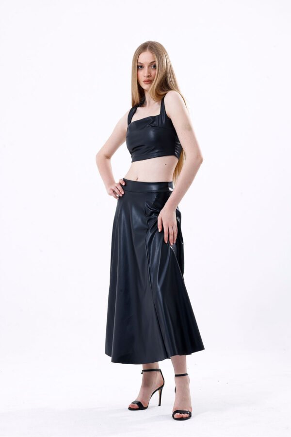 Black Wide Belted Faux Leather Flared Skirt