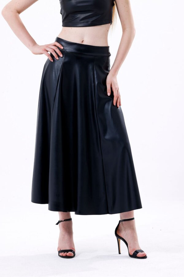 Black Wide Belted Faux Leather Flared Skirt