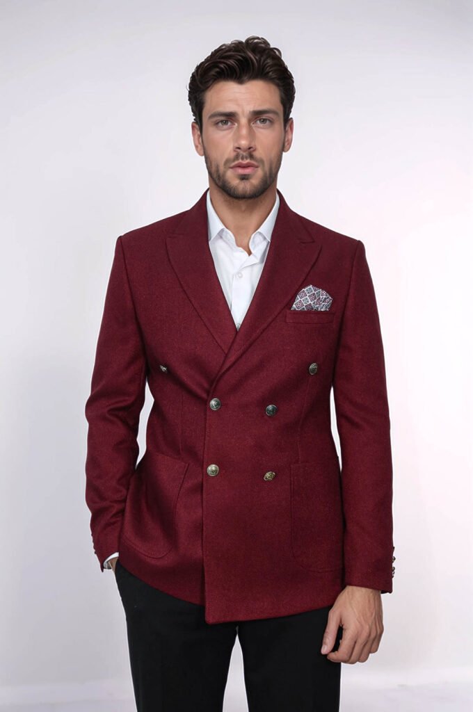 Double Breasted Slim Fit Burgundy Men Blazer