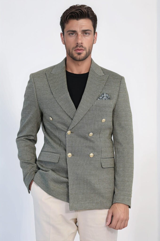 Olive Green Pinstriped Slim Fit Double-Breasted Blazer with Gold Metal Buttons