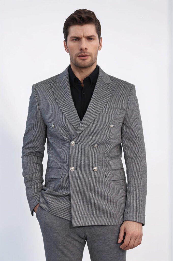 Anthracite Pinstriped Slim Fit Double-Breasted Blazer with Silver Metal Buttons