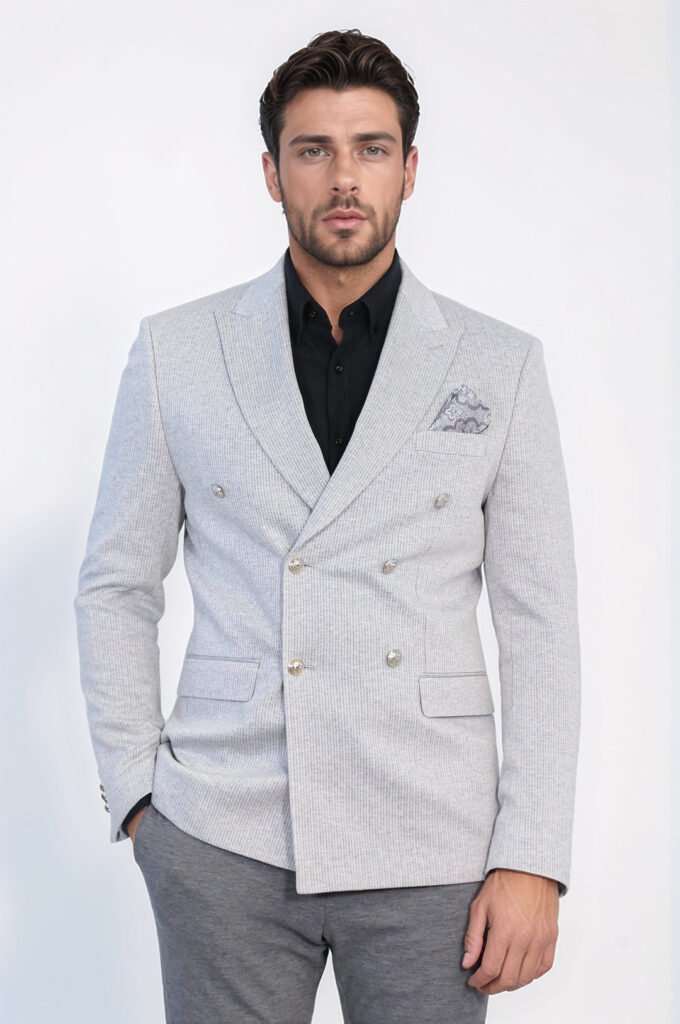 Grey Pinstriped Slim Fit Double-Breasted Blazer with Silver Metal Buttons