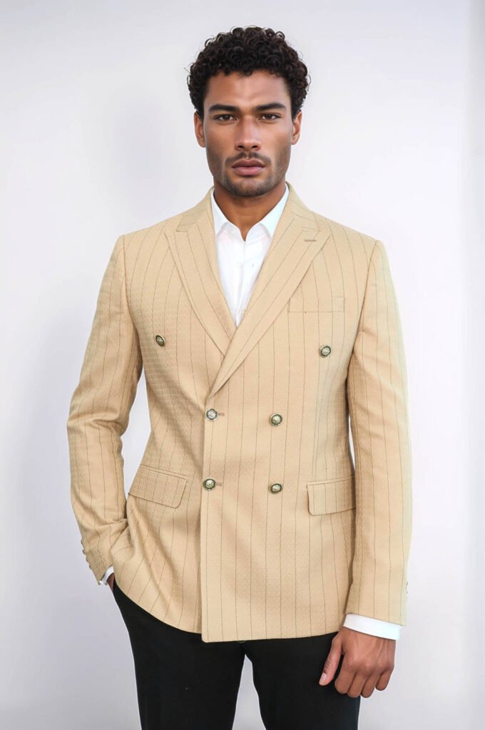 Double Breasted Slim Fit Striped Cream Men Blazer