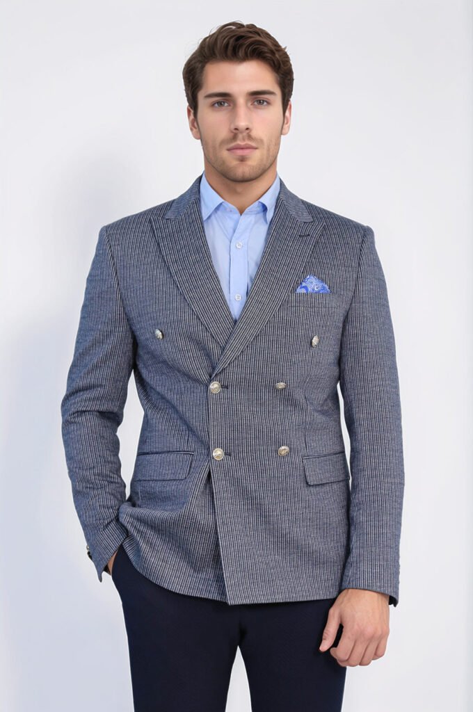 Navy Pinstriped Slim Fit Double-Breasted Blazer with Silver Metal Buttons