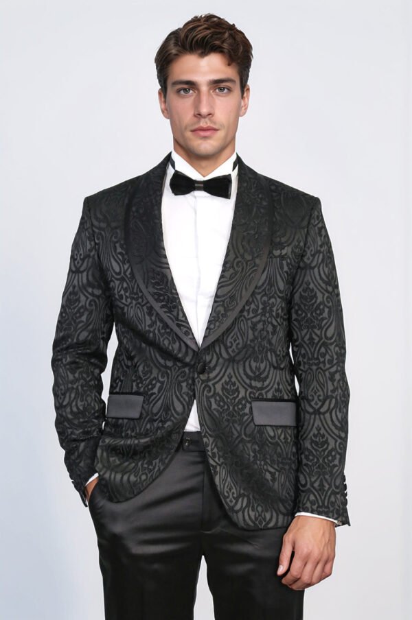Damask Patterned Shawl Collar Black Tuxedo