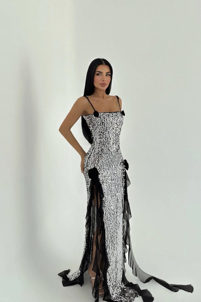 EYY Women Black Paxton Sequined Long Slit Dress