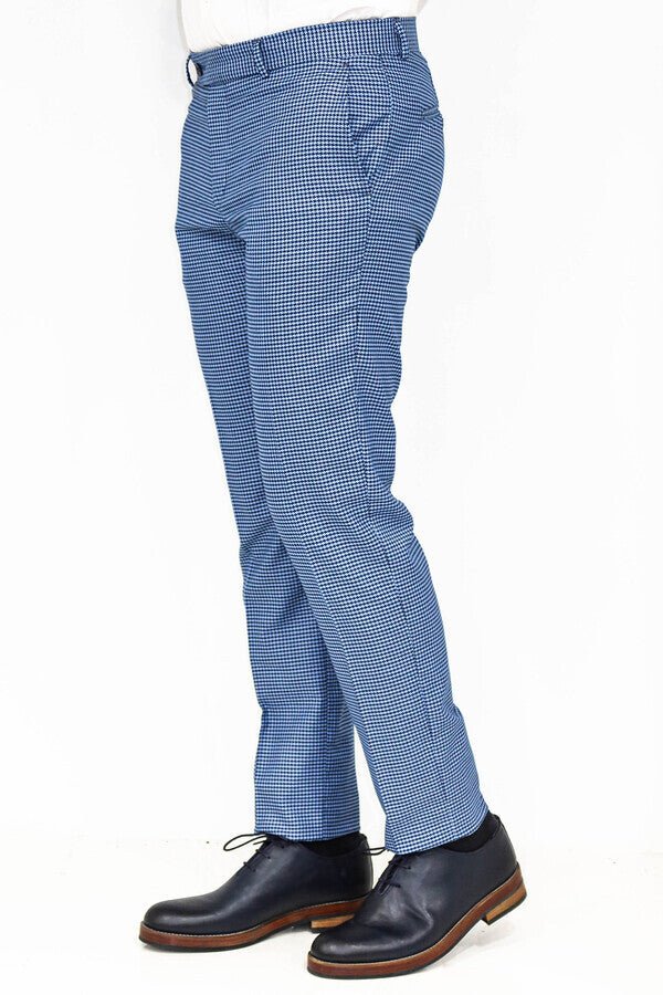 Houndstooth Patterned Indigo Blue Men Pants