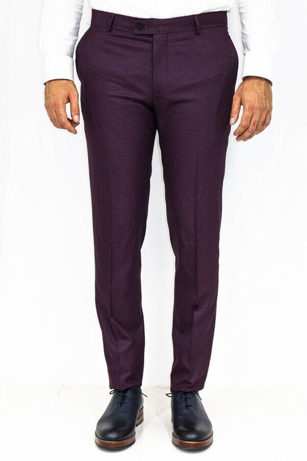 Houndstooth Patterned Burgundy Men Pants