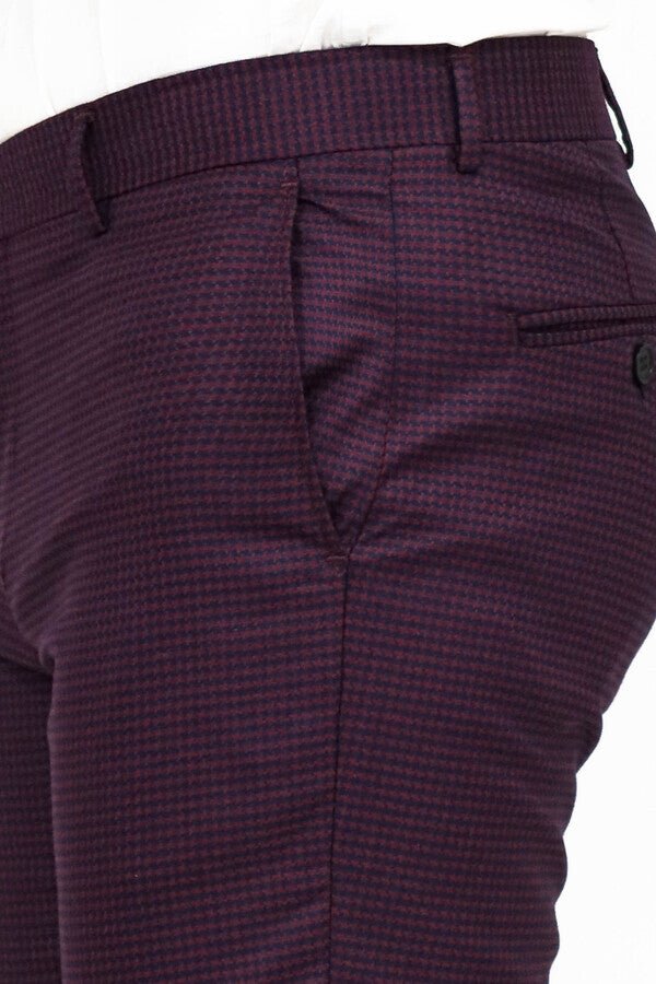 Houndstooth Patterned Burgundy Men Pants