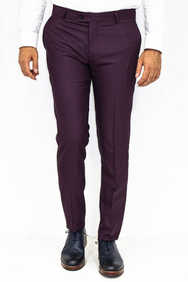 Houndstooth Patterned Burgundy Men Pants