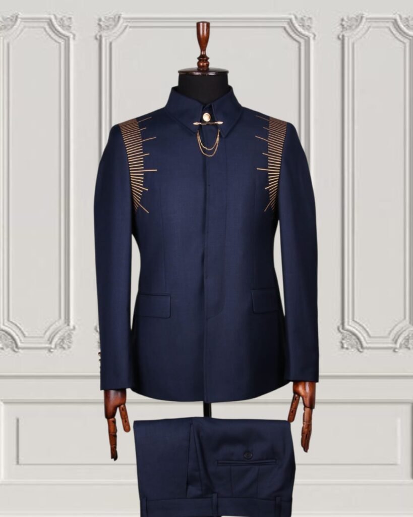 Men Navy Blue Embellished Safari Suit