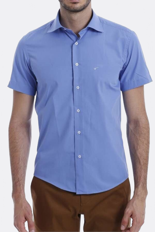 Short Sleeve Poly Cotton Slim Fit Blue Men Shirt
