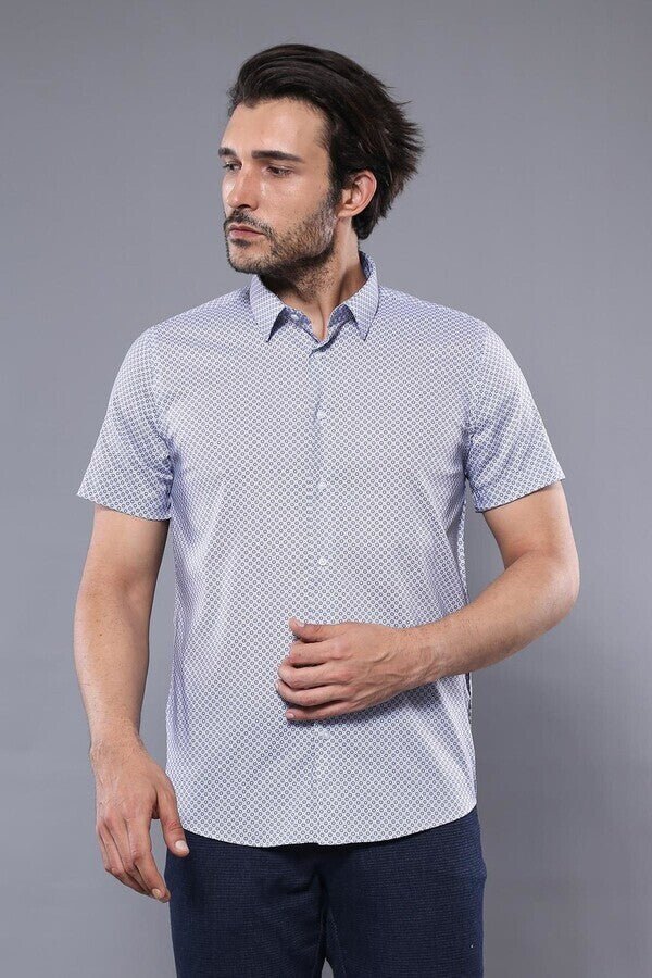 Patterned Short Sleeve Blue Men Shirt