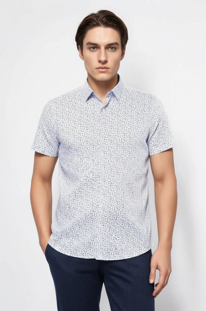 Blue Floral Patterned Short Sleeve White Men Shirt